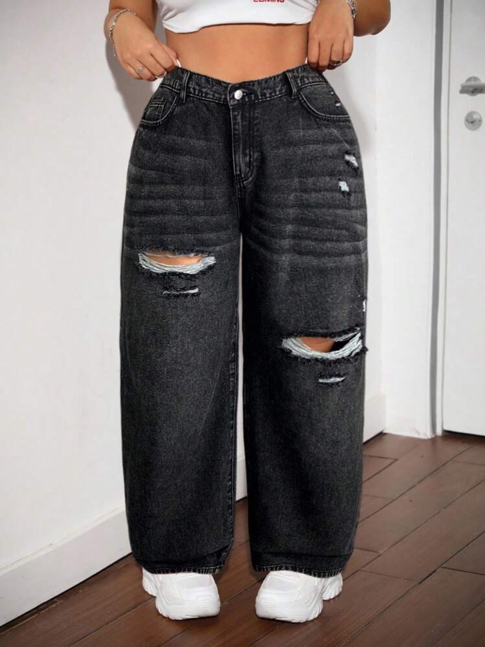 NWT Cider High Waisted Wide Leg Baggy Black Denim Jeans Distressed Rips Sz Small